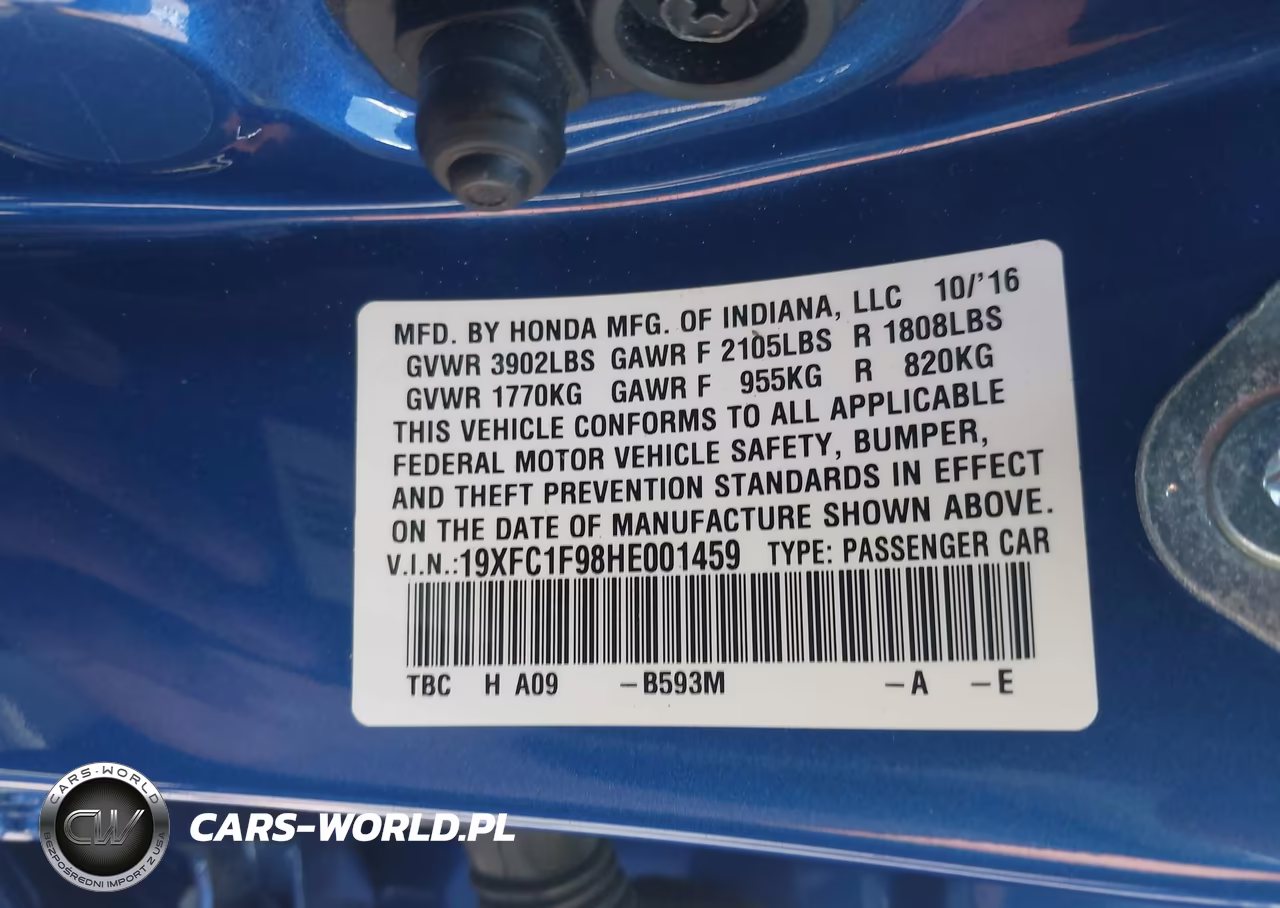 2017 Honda Civic Touring VIN:19XFC1F98HE001459 - 9