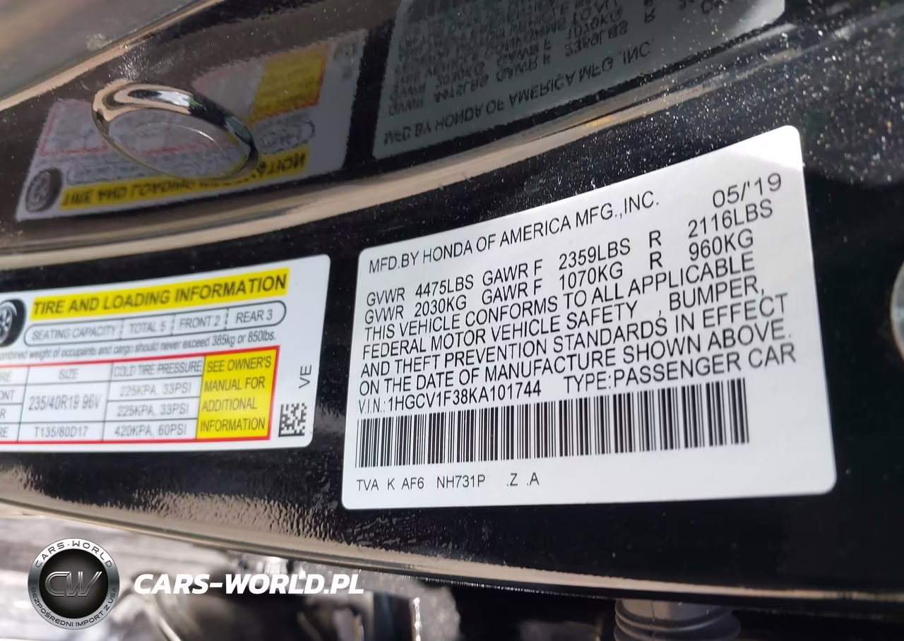 2019 Honda Accord Sport VIN:1HGCV1F38KA101744 - 9