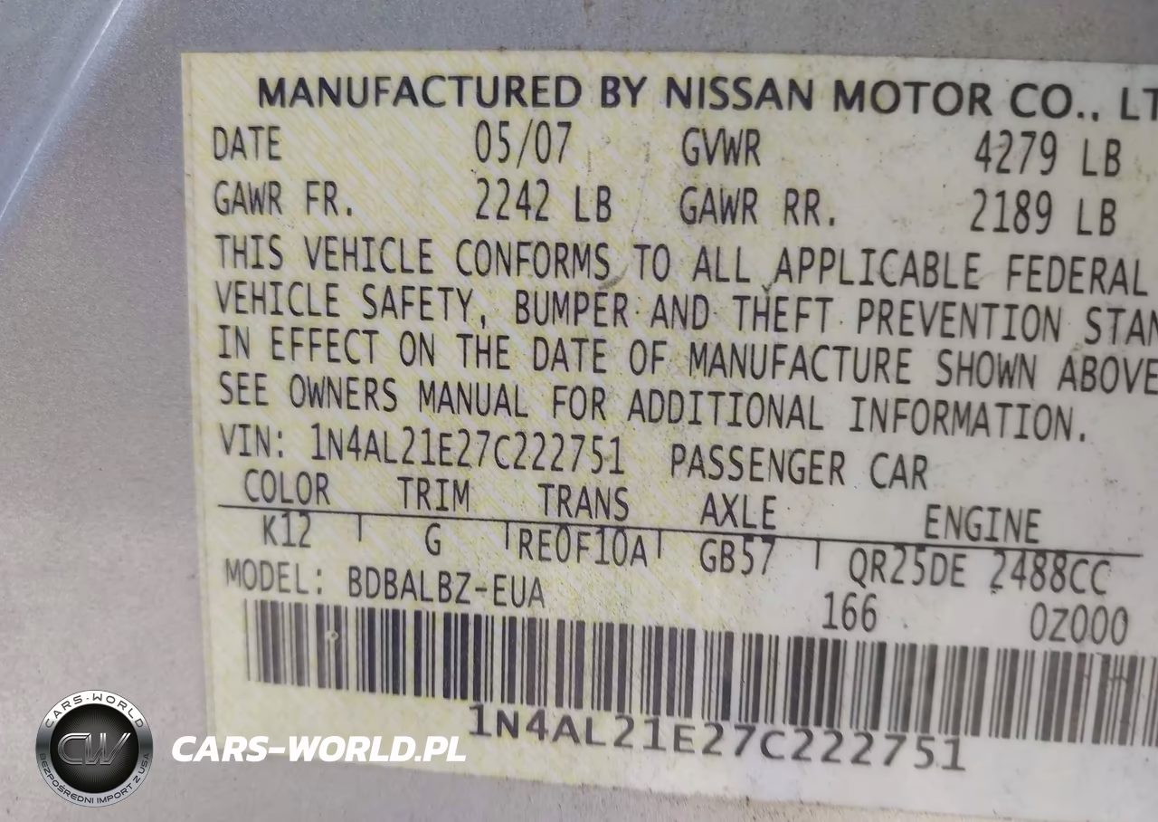 2007 Nissan Altima 2.5 S VIN:1N4AL21E27C222751 - 9