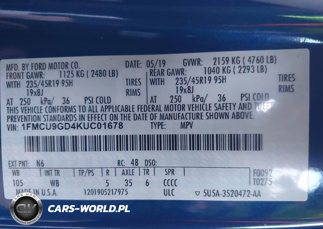2019 Ford Escape Se VIN:1FMCU9GD4KUC01678 - 9