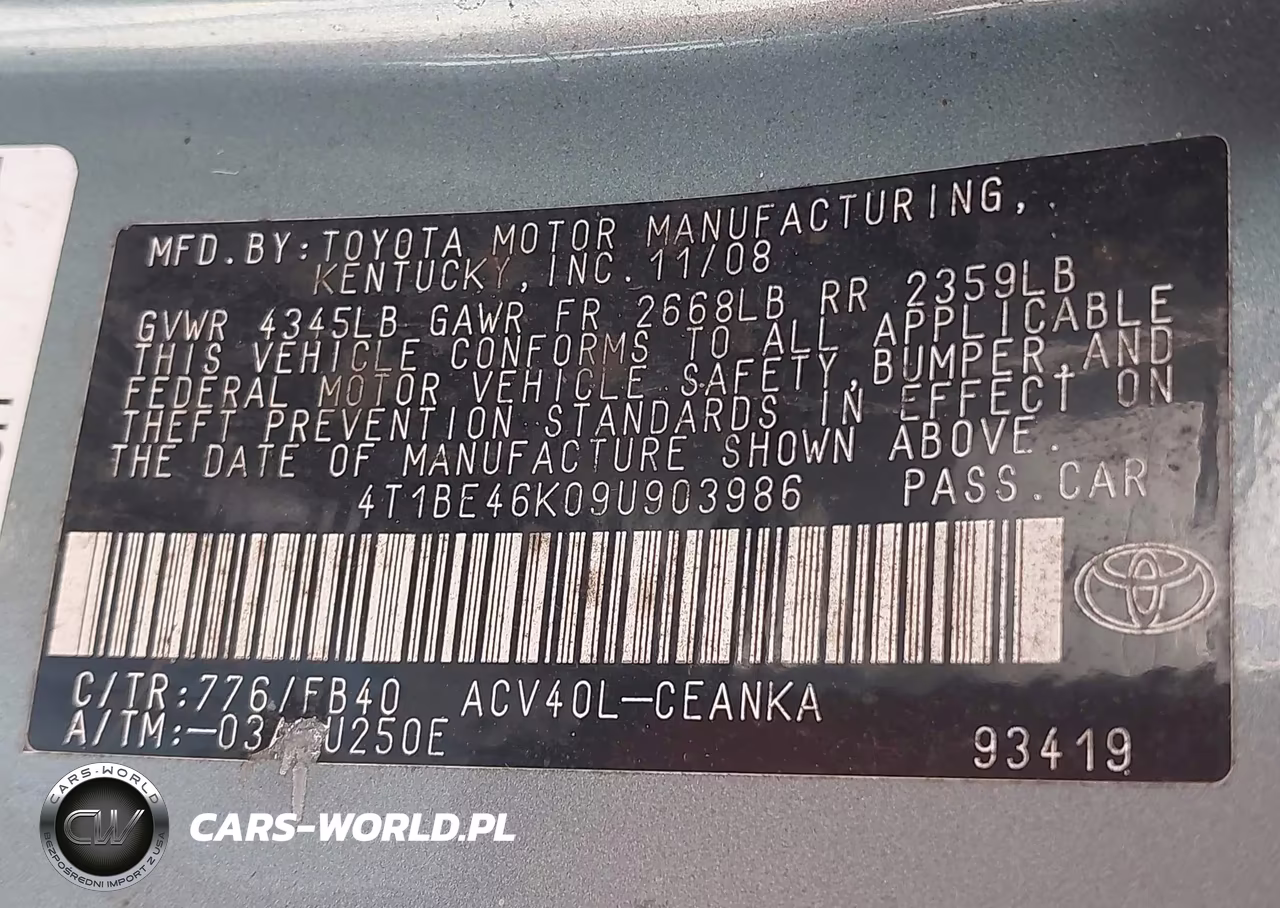 2009 Toyota Camry Le VIN:4T1BE46K09U903986 - 9