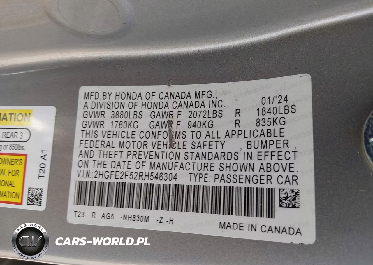 2024 Honda Civic Sport VIN:2HGFE2F52RH546304 - 9