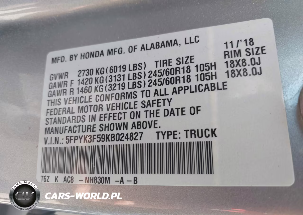 2019 Honda Ridgeline Rtl VIN:5FPYK3F59KB024827 - 9