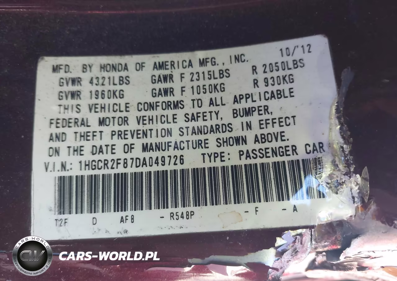 2013 Honda Accord Ex-L VIN:1HGCR2F87DA049726 - 9