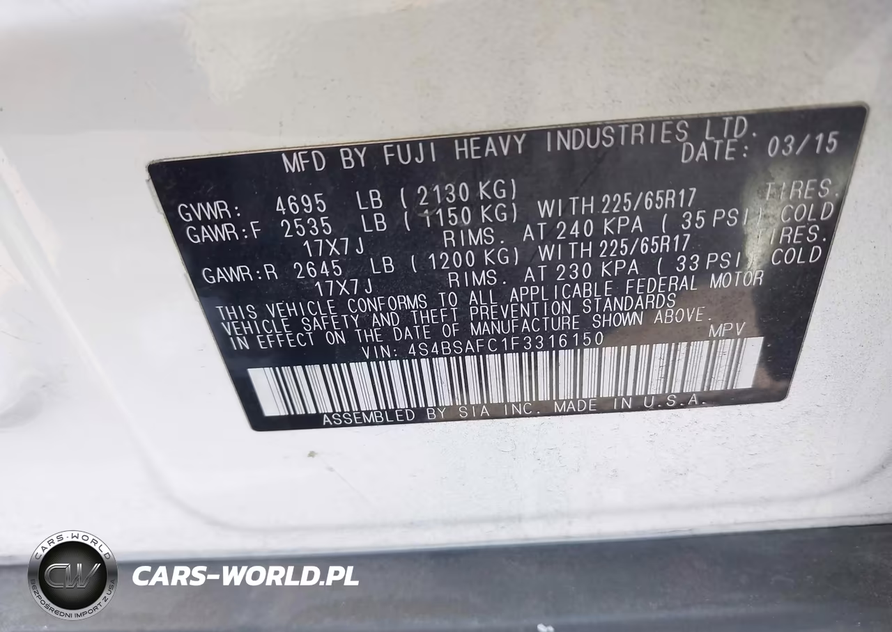 2015 Subaru Outback 2.5I Premium VIN:4S4BSAFC1F3316150 - 9