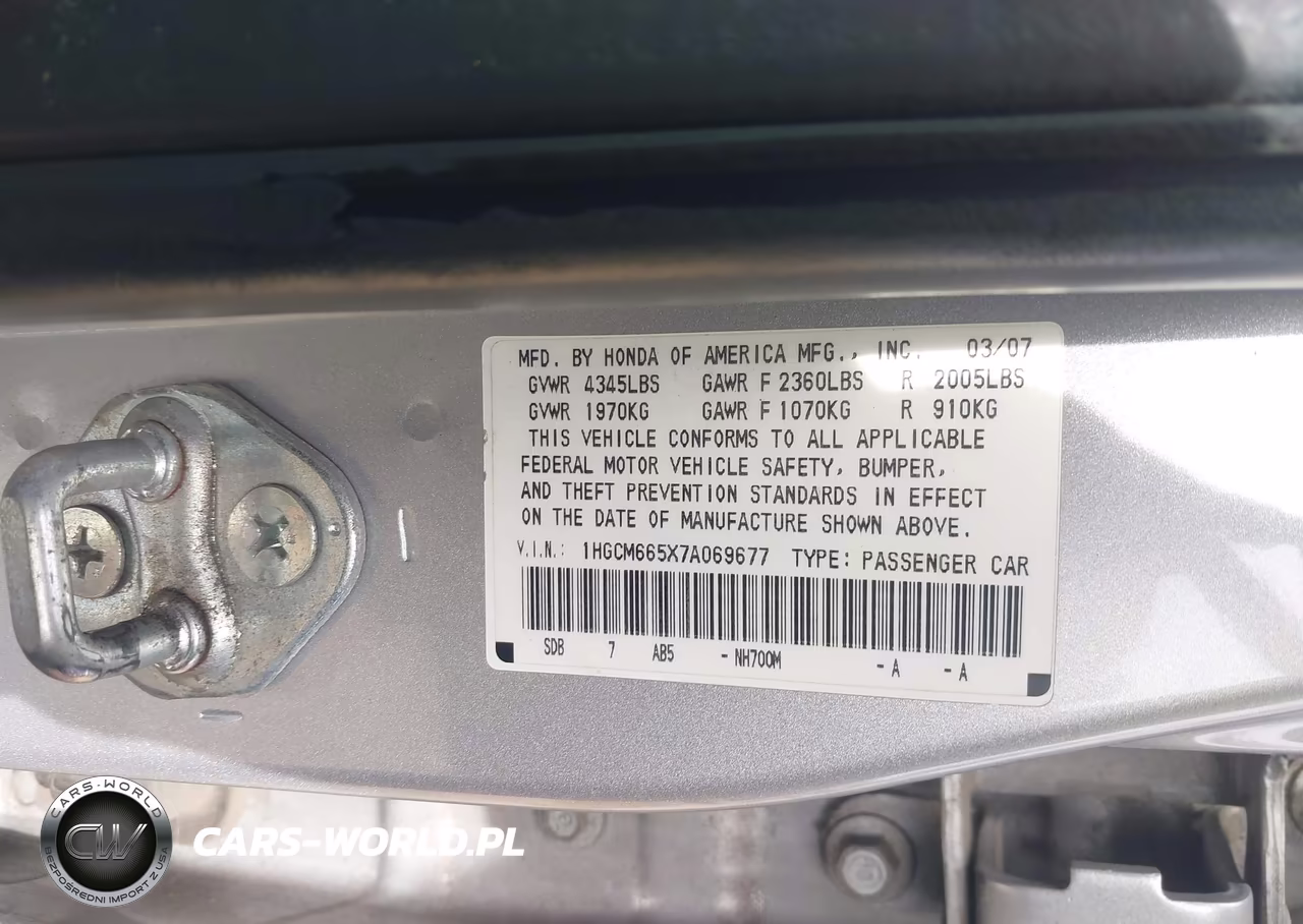 2007 Honda Accord 3.0 Ex VIN:1HGCM665X7A069677 - 9