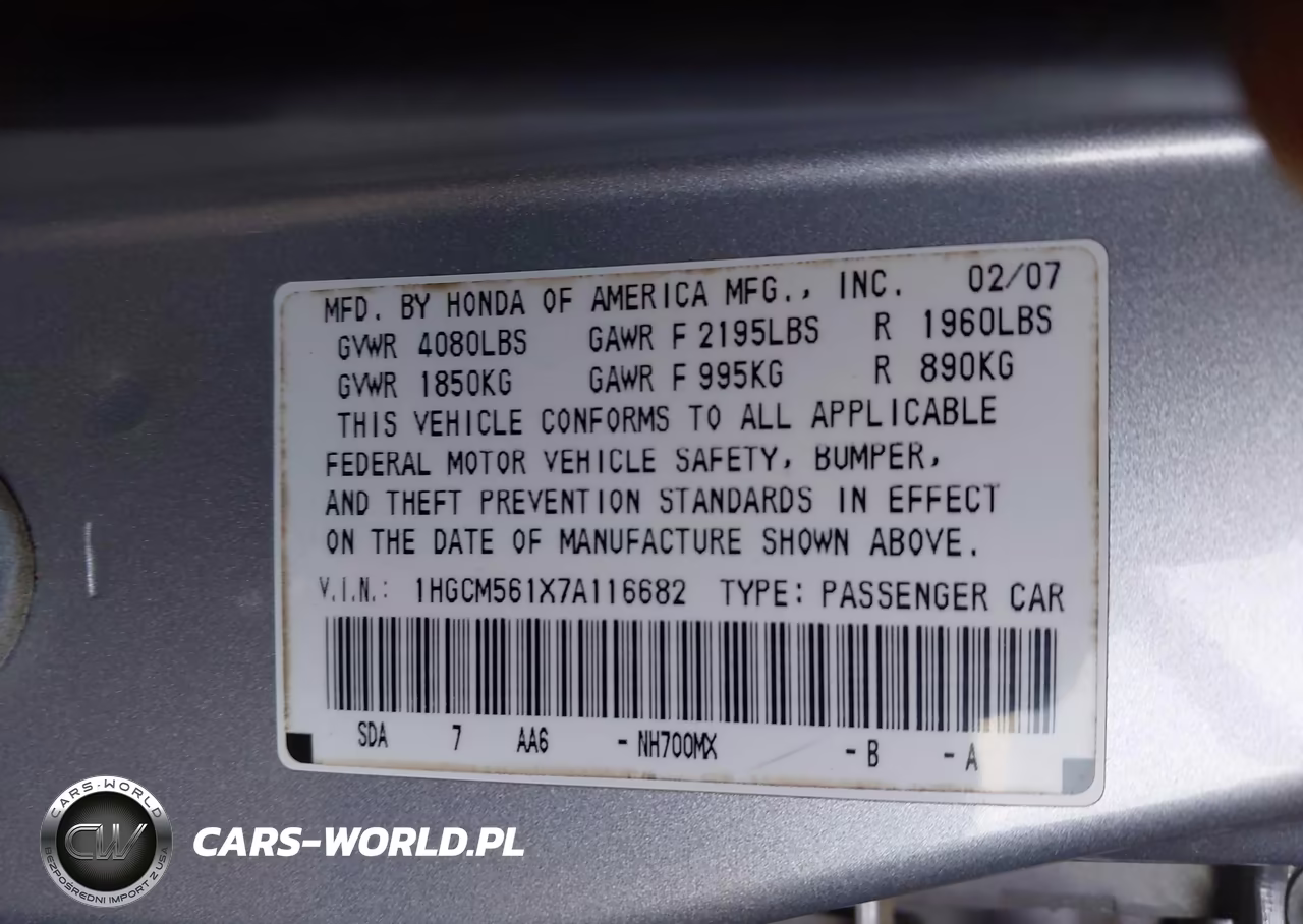 2007 Honda Accord 2.4 Vp VIN:1HGCM561X7A116682 - 9