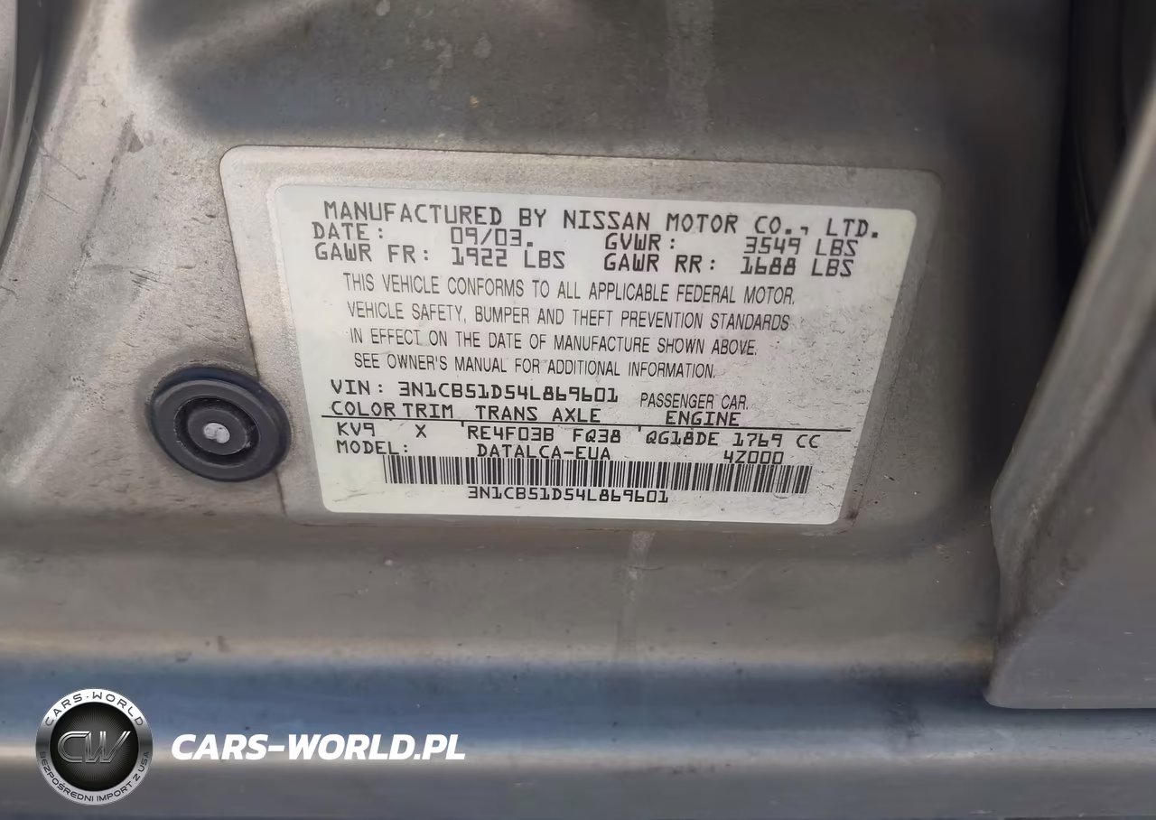2004 Nissan Sentra 1.8 VIN:3N1CB51D54L869601 - 9