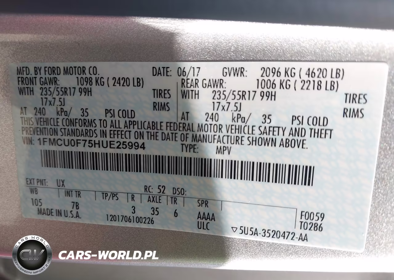 2017 Ford Escape S VIN:1FMCU0F75HUE25994 - 9