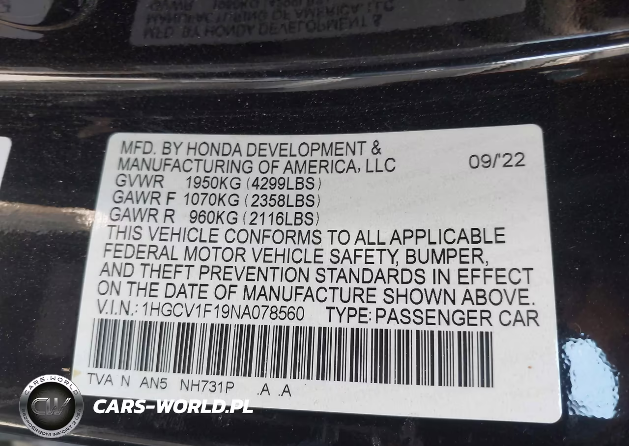 2022 Honda Accord Lx VIN:1HGCV1F19NA078560 - 9