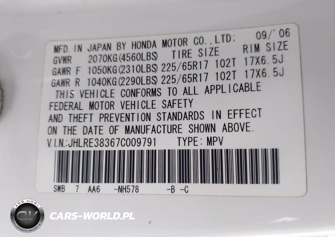 2007 Honda Cr-V Lx VIN:JHLRE38367C009791 - 9