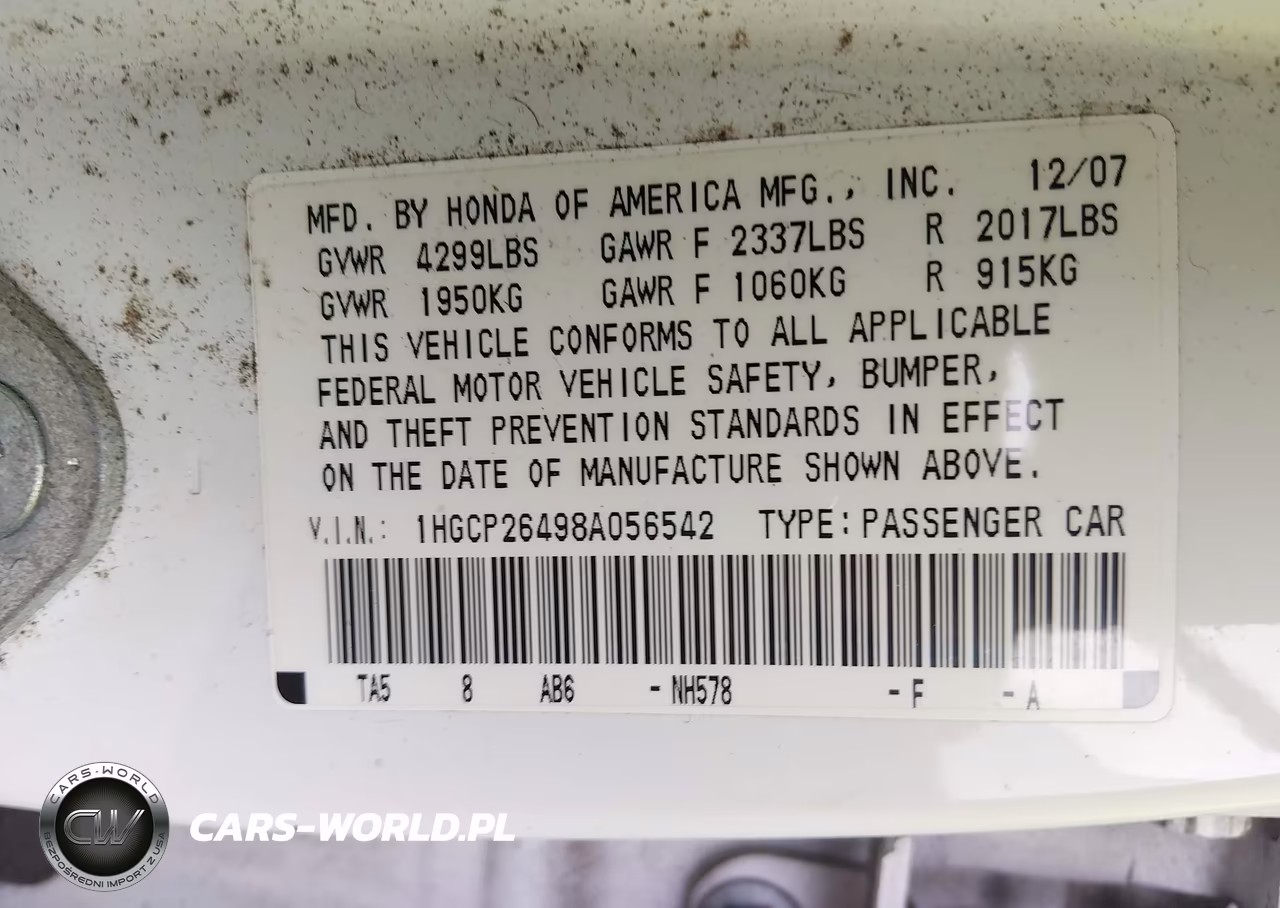 2008 Honda Accord 2.4 Lx-P VIN:1HGCP26498A056542 - 9