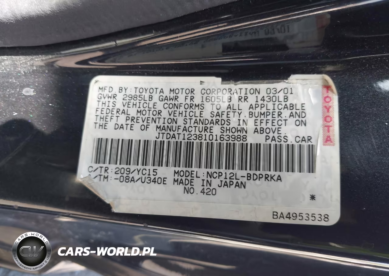 2001 Toyota Echo VIN:JTDAT123810163988 - 9