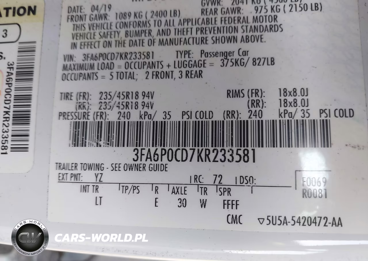 2019 Ford Fusion Sel VIN:3FA6P0CD7KR233581 - 9