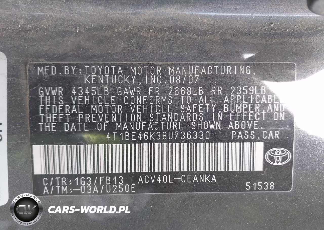 2008 Toyota Camry Le VIN:4T1BE46K38U736330 - 9