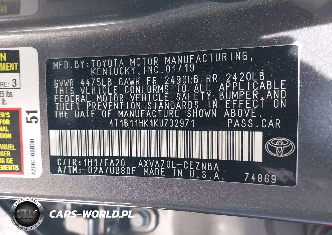 2019 Toyota Camry Le VIN:4T1B11HK1KU732971 - 9