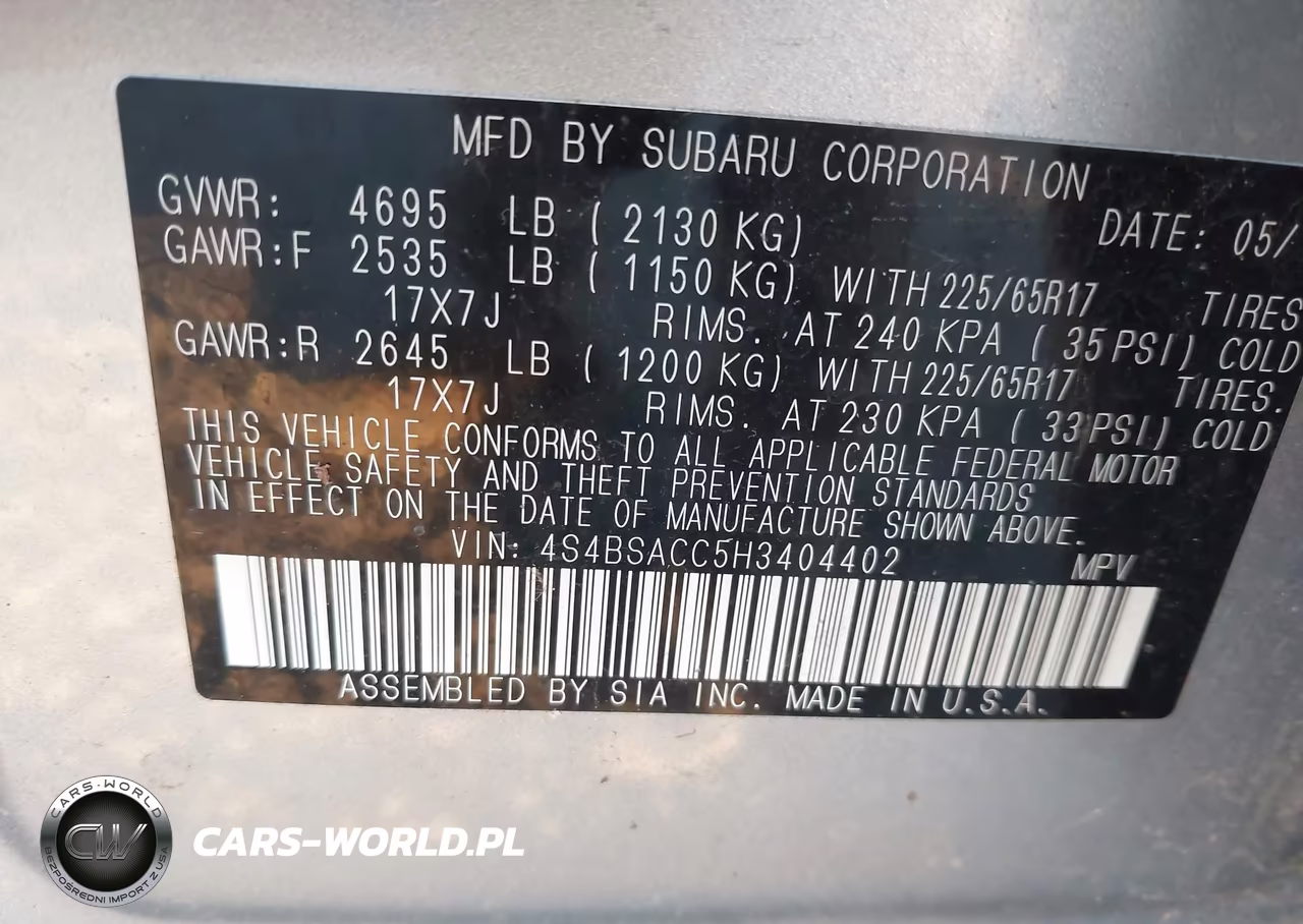 2017 Subaru Outback 2.5I Premium VIN:4S4BSACC5H3404402 - 9