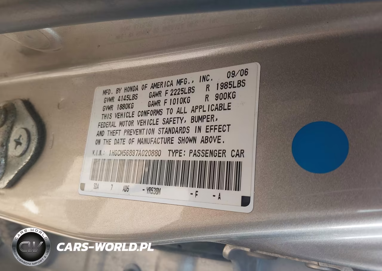 2007 Honda Accord 2.4 Ex VIN:1HGCM56897A020880 - 9