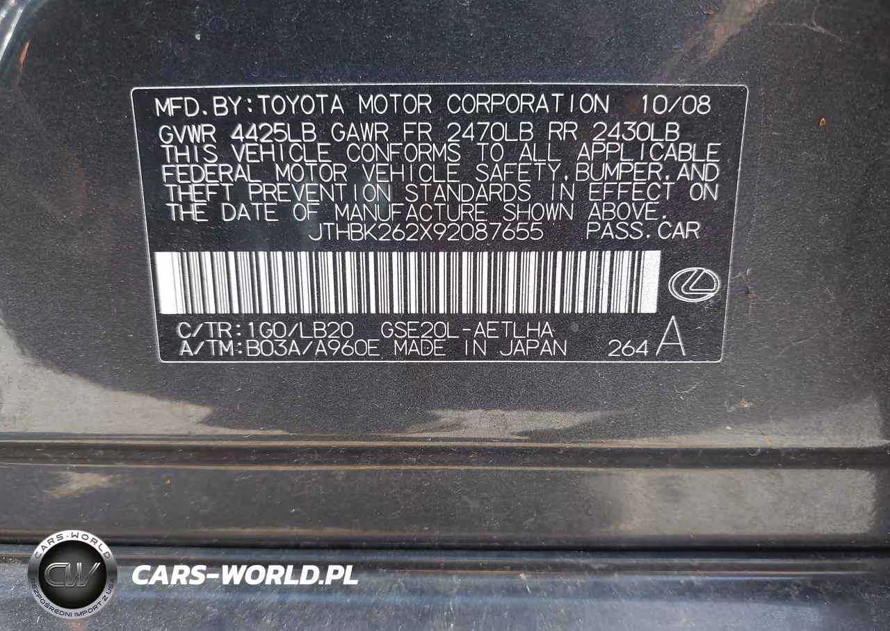 2009 Lexus Is 250 VIN:JTHBK262X92087655 - 9