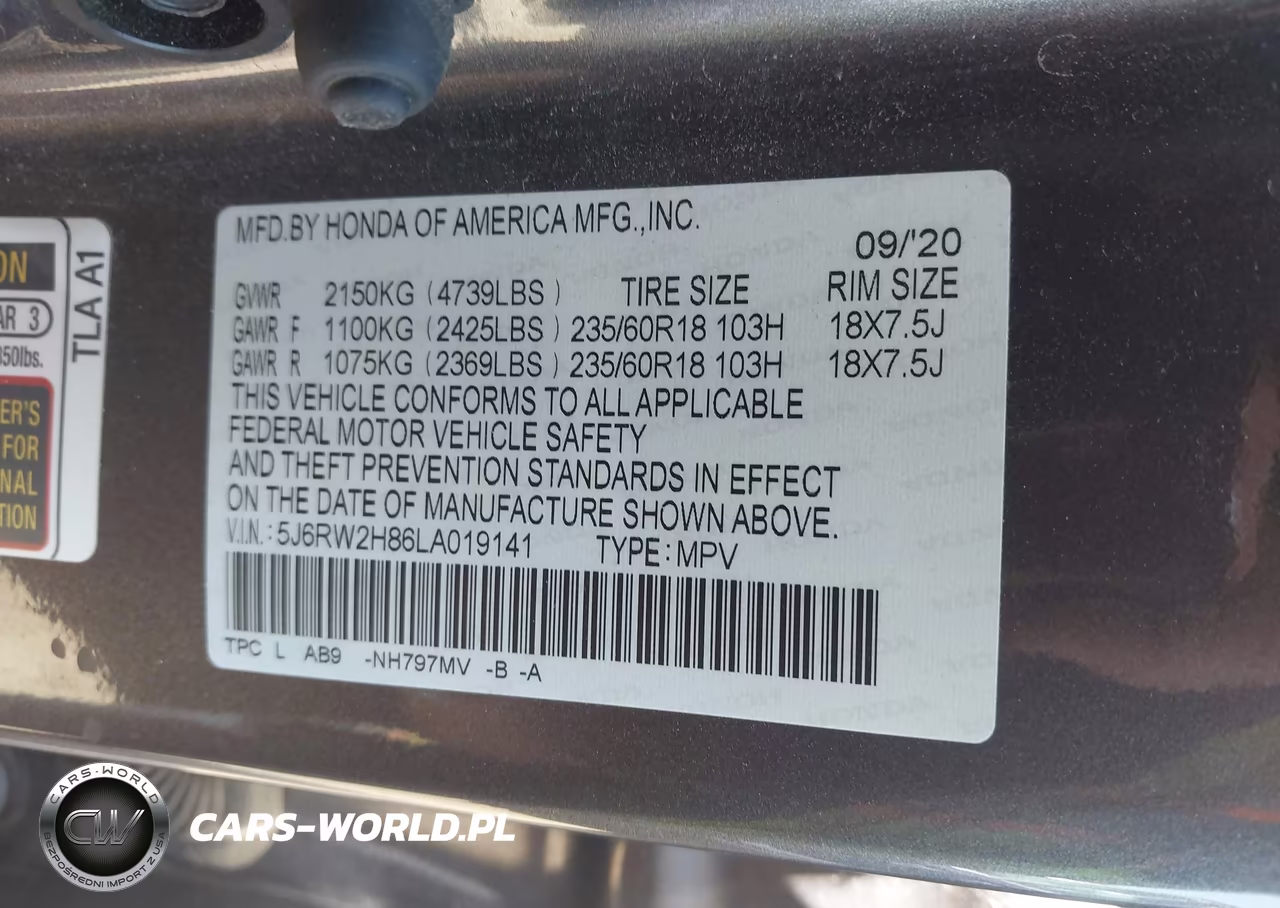 2020 Honda Cr-V Awd Ex-L VIN:5J6RW2H86LA019141 - 9