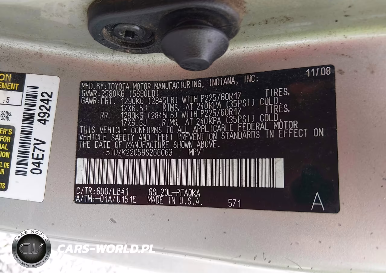 2009 Toyota Sienna Xle VIN:5TDZK22C59S266063 - 9