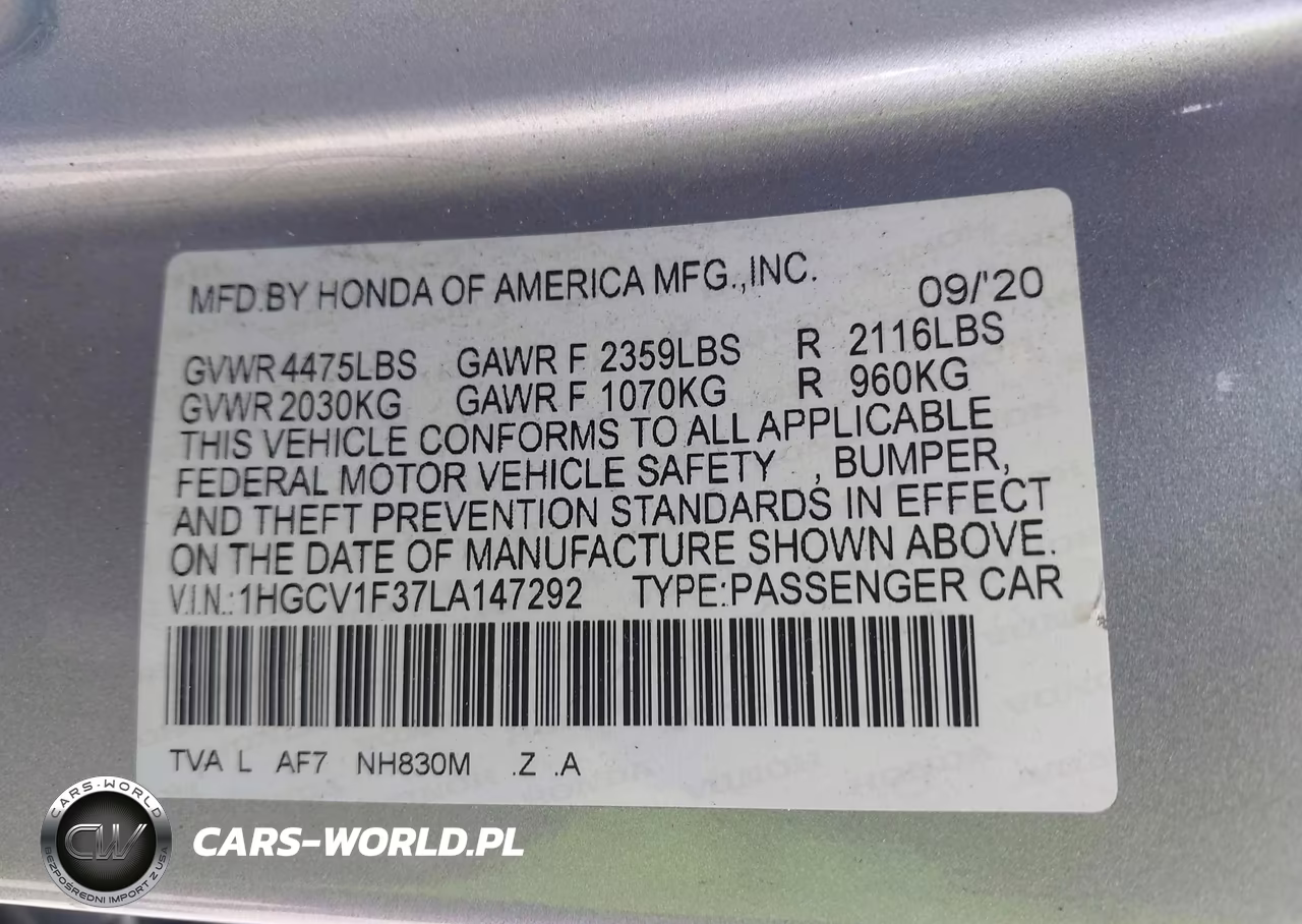 2020 Honda Accord Sport VIN:1HGCV1F37LA147292 - 9