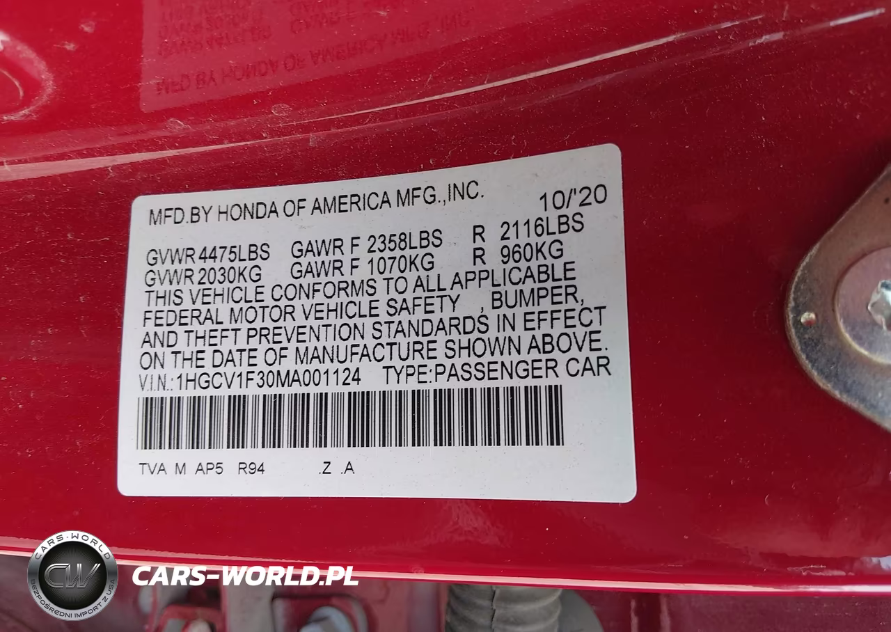 2021 Honda Accord Sport VIN:1HGCV1F30MA001124 - 9