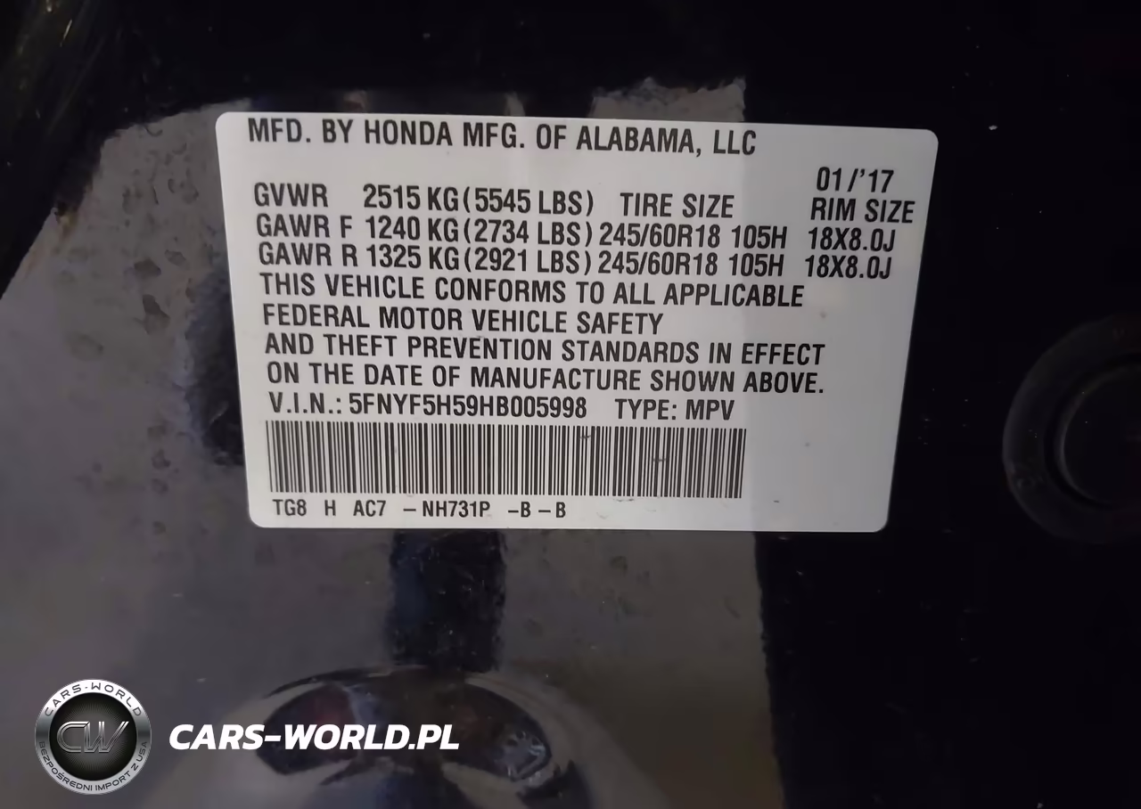 2017 Honda Pilot Ex-L VIN:5FNYF5H59HB005998 - 9