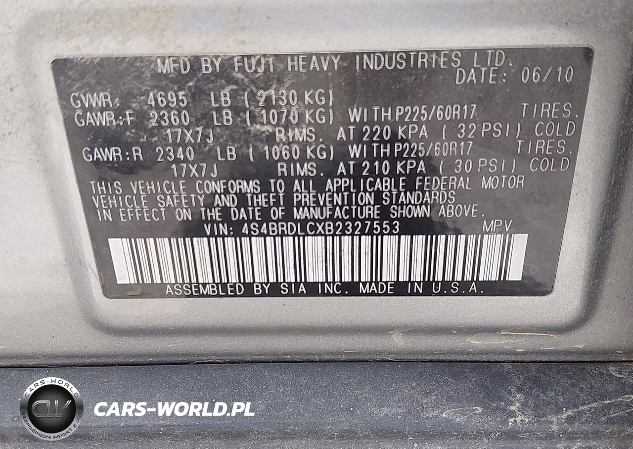 2011 Subaru Outback 3.6R Limited VIN:4S4BRDLCXB2327553 - 9