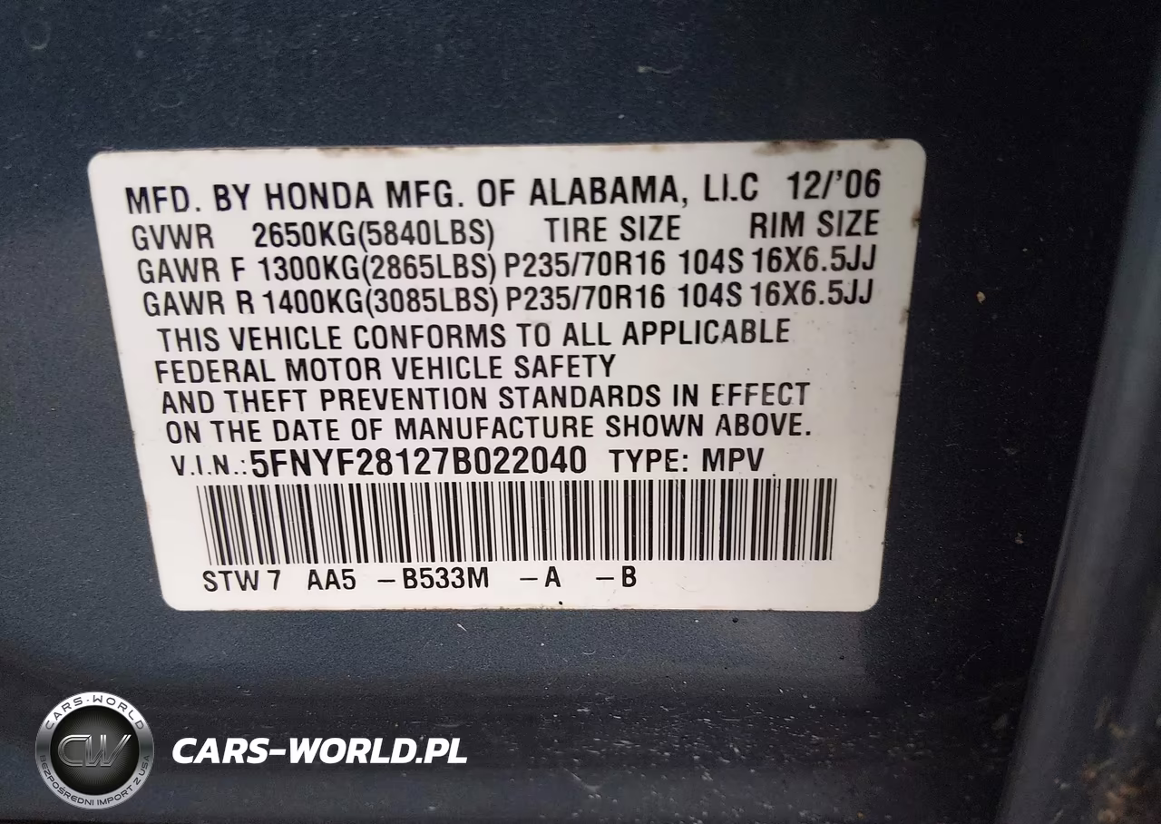 2007 Honda Pilot Lx VIN:5FNYF28127B022040 - 9