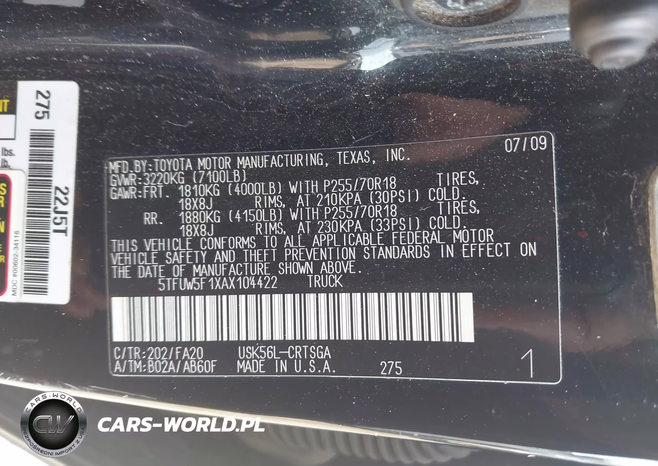2010 Toyota Tundra Grade 5.7L V8 VIN:5TFUW5F1XAX104422 - 9