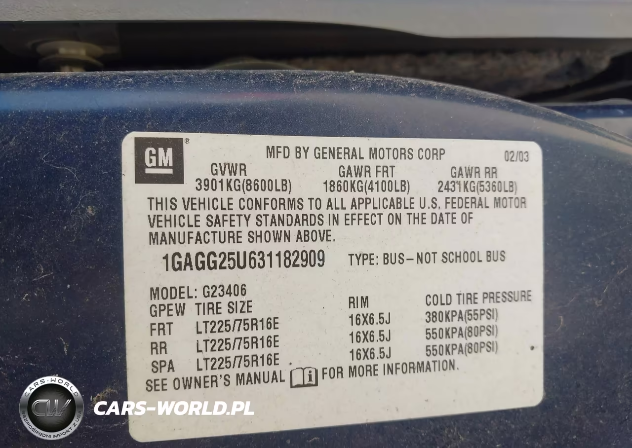 2003 Chevrolet Express Passenger VIN:1GAGG25U631182909 - 9