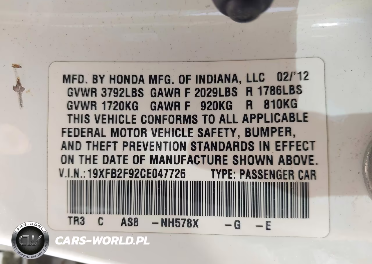 2012 Honda Civic Ex-L VIN:19XFB2F92CE047726 - 9