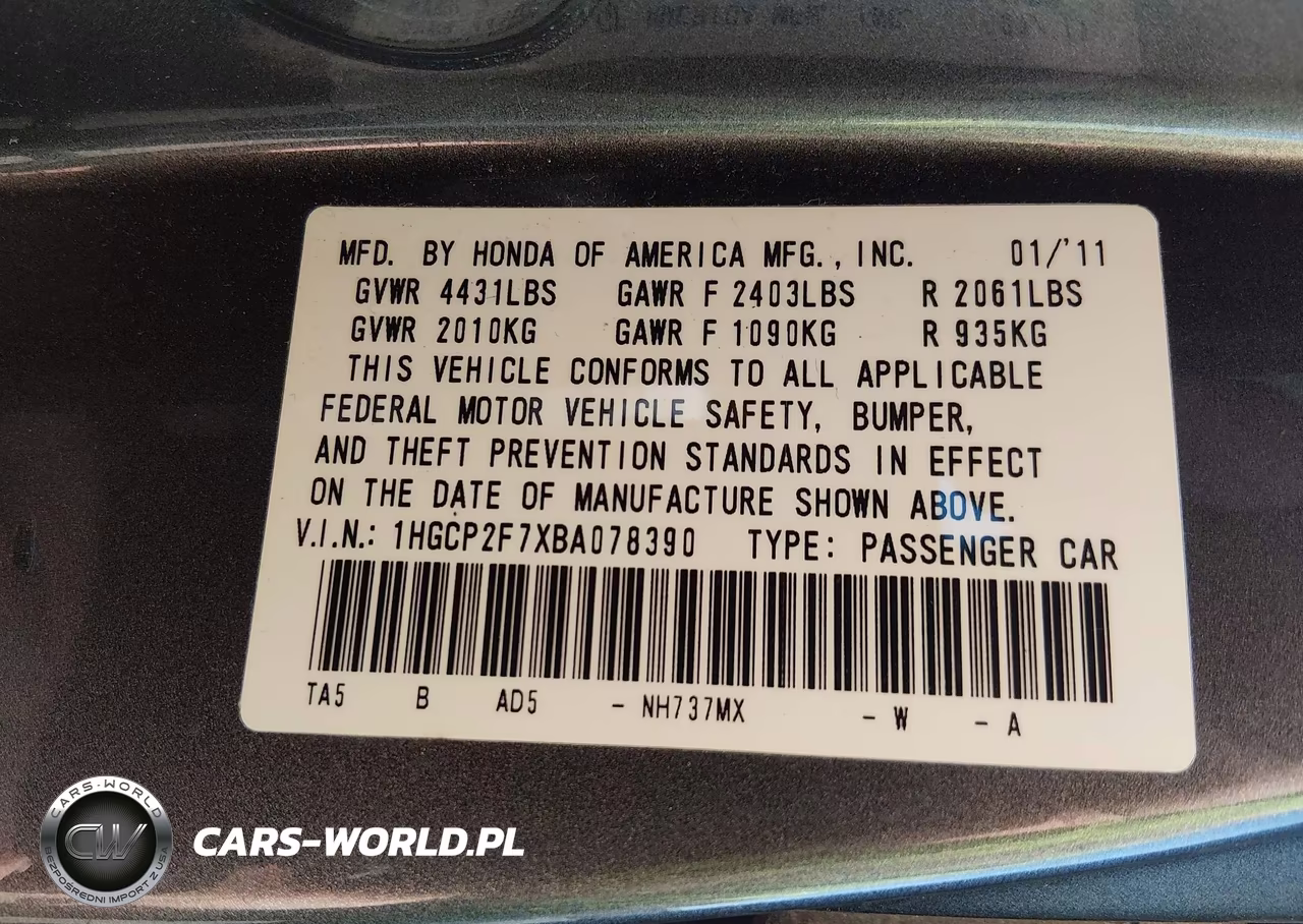 2011 Honda Accord 2.4 Ex VIN:1HGCP2F7XBA078390 - 9