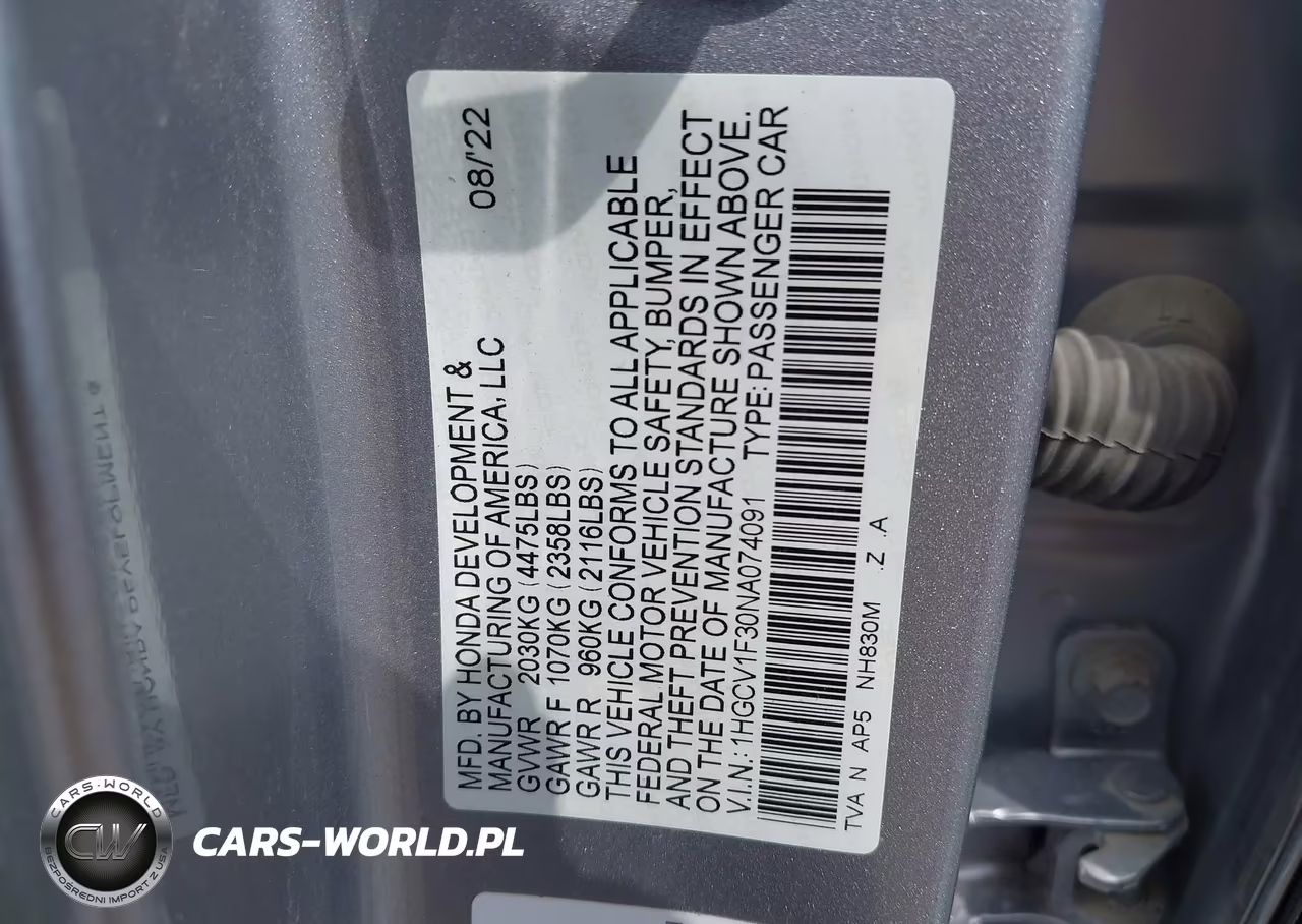 2022 Honda Accord Sport VIN:1HGCV1F30NA074091 - 9