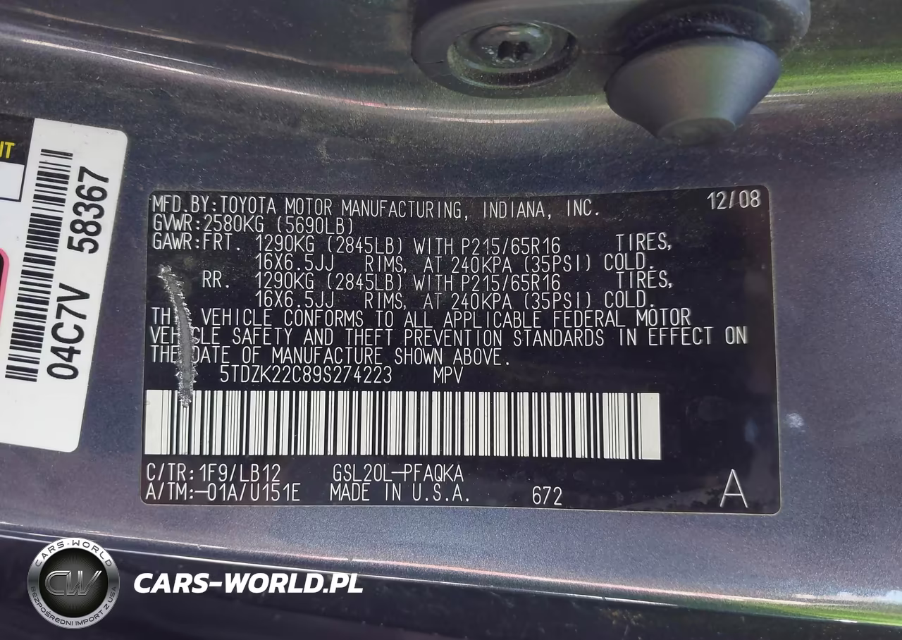 2009 Toyota Sienna Xle VIN:5TDZK22C89S274223 - 9