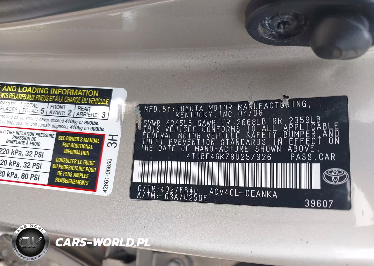 2008 Toyota Camry VIN:4T1BE46K78U257926 - 9