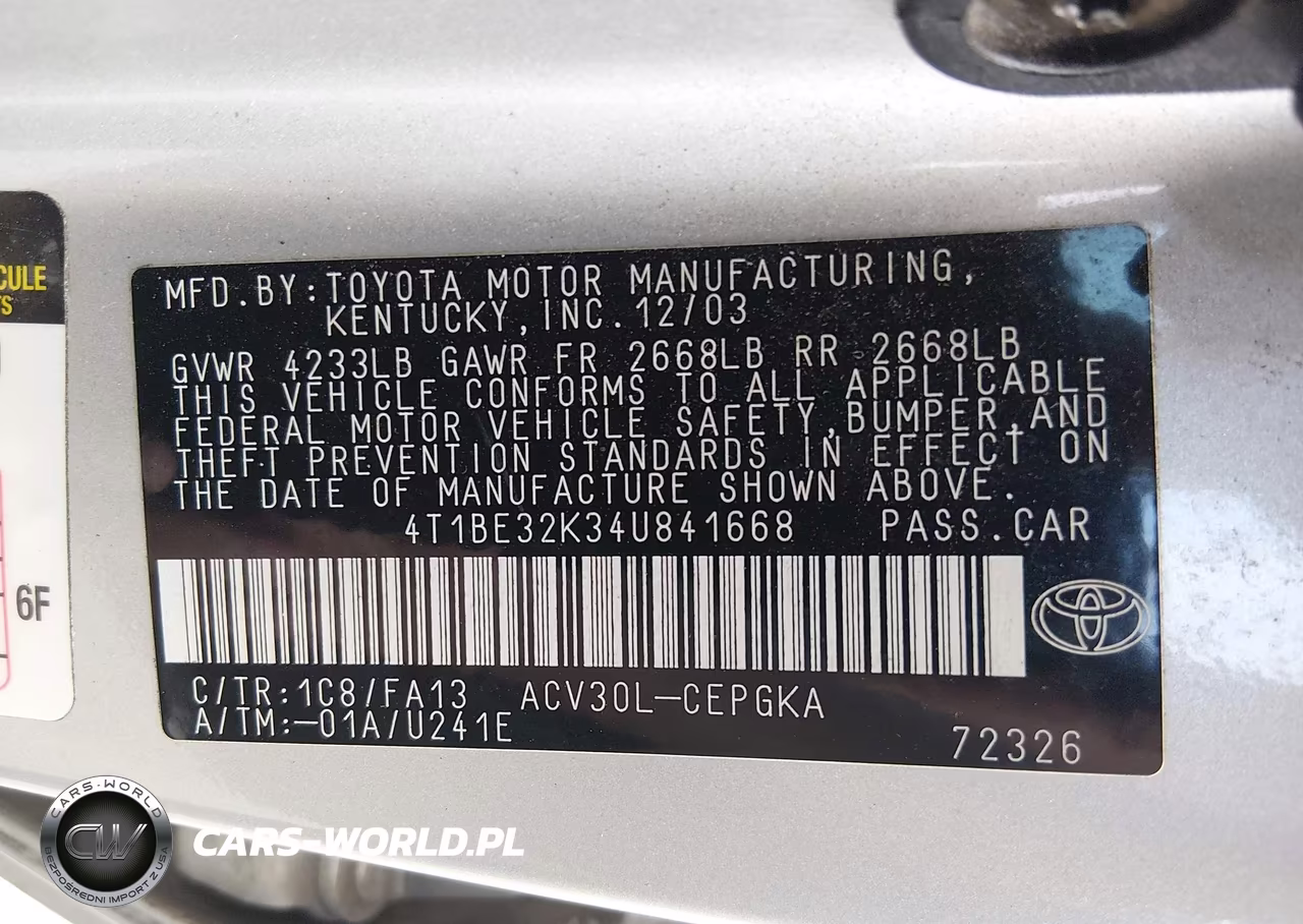 2004 Toyota Camry Xle VIN:4T1BE32K34U841668 - 9