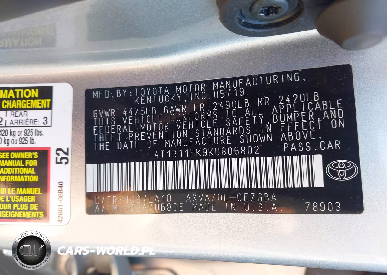 2019 Toyota Camry Xle VIN:4T1B11HK9KU806802 - 9