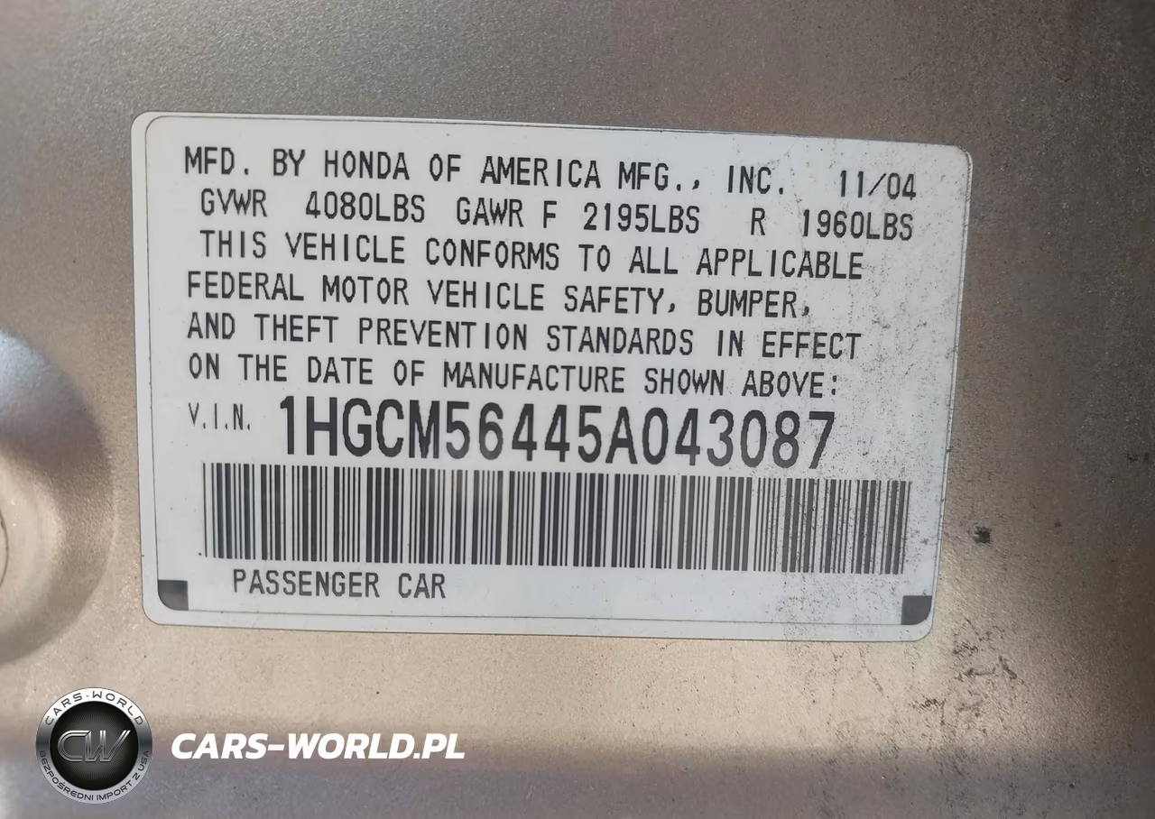 2005 Honda Accord 2.4 Lx VIN:1HGCM56445A043087 - 9