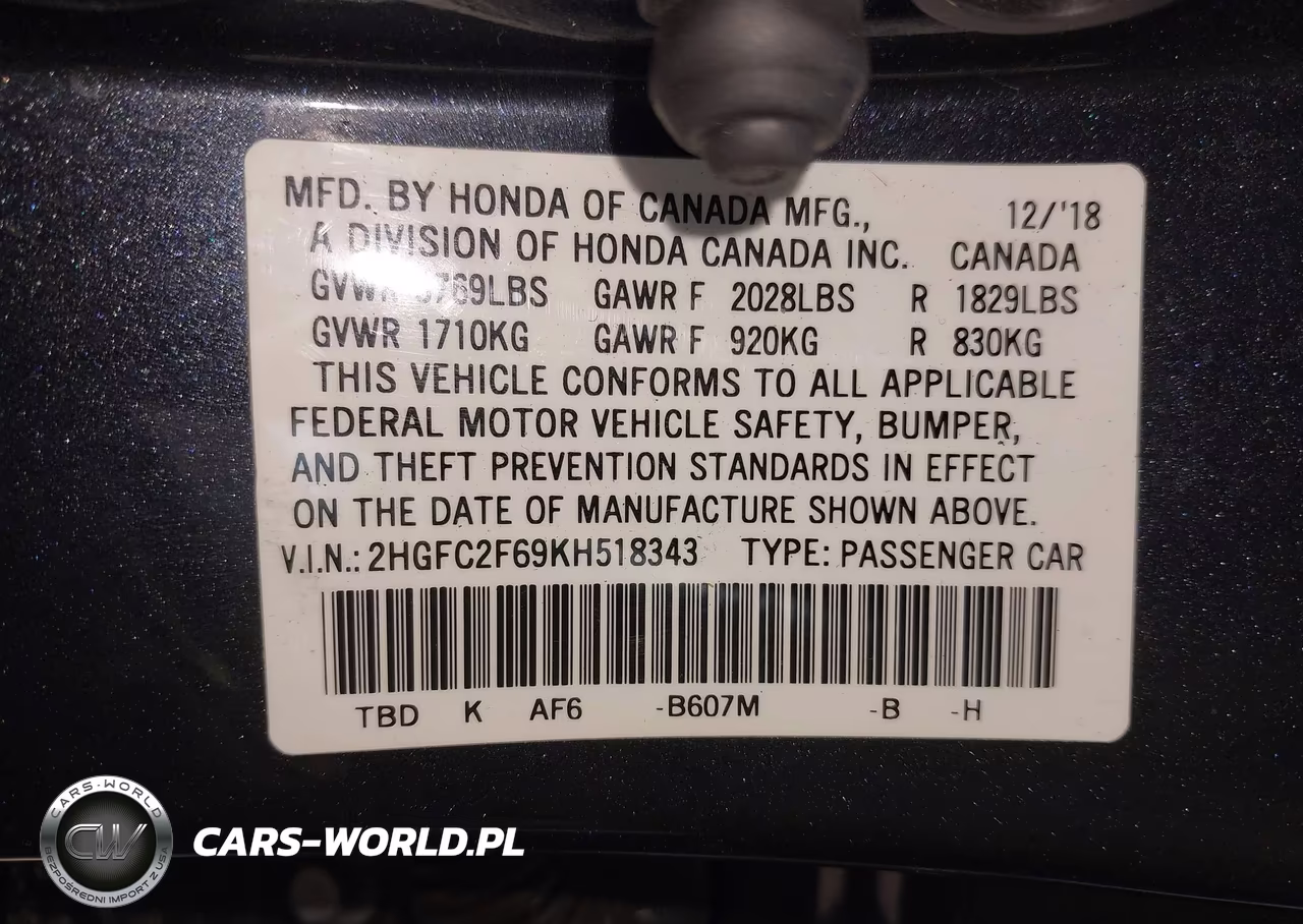 2019 Honda Civic Lx VIN:2HGFC2F69KH518343 - 9