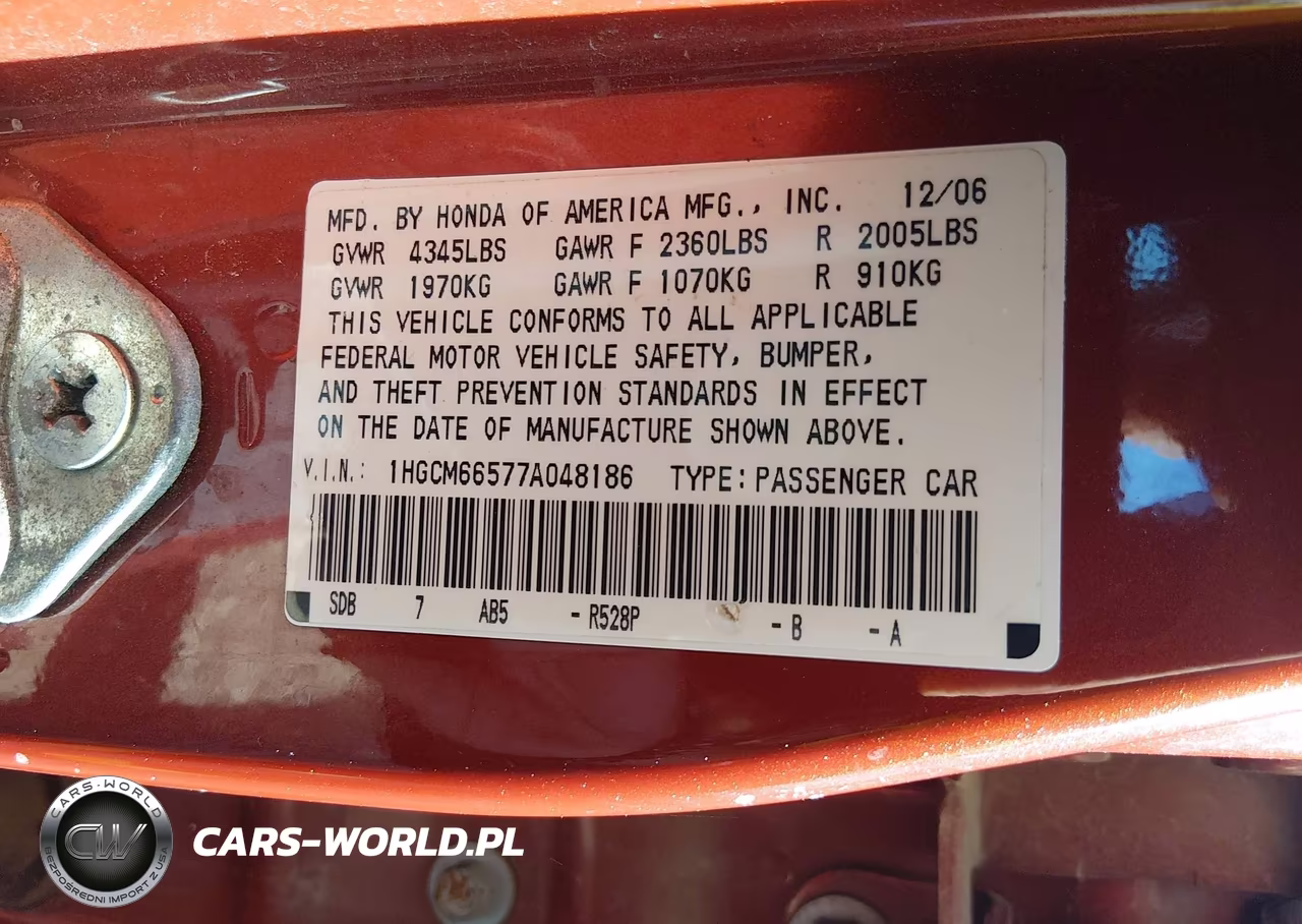 2007 Honda Accord 3.0 Ex VIN:1HGCM66577A048186 - 9