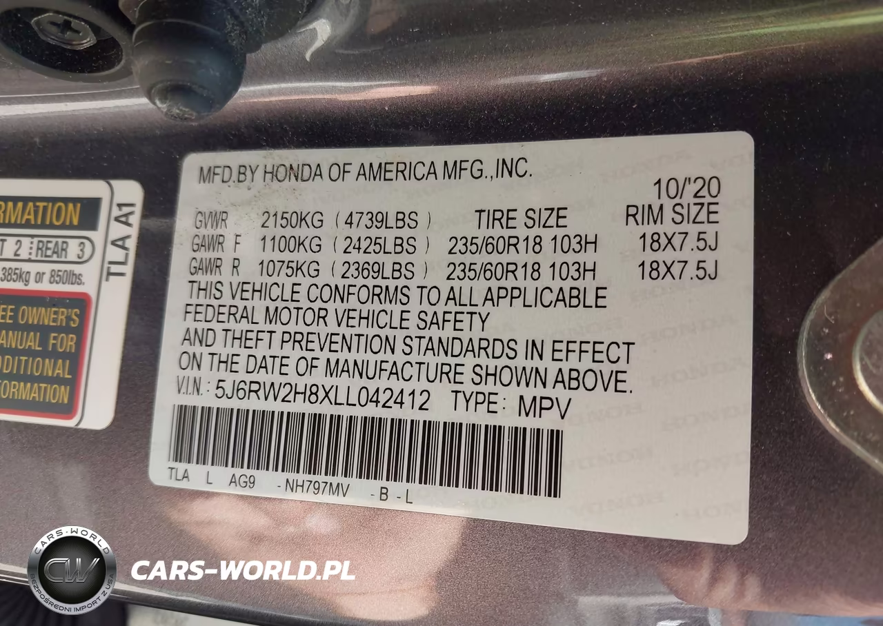 2020 Honda Cr-V Awd Ex-L VIN:5J6RW2H8XLL042412 - 9