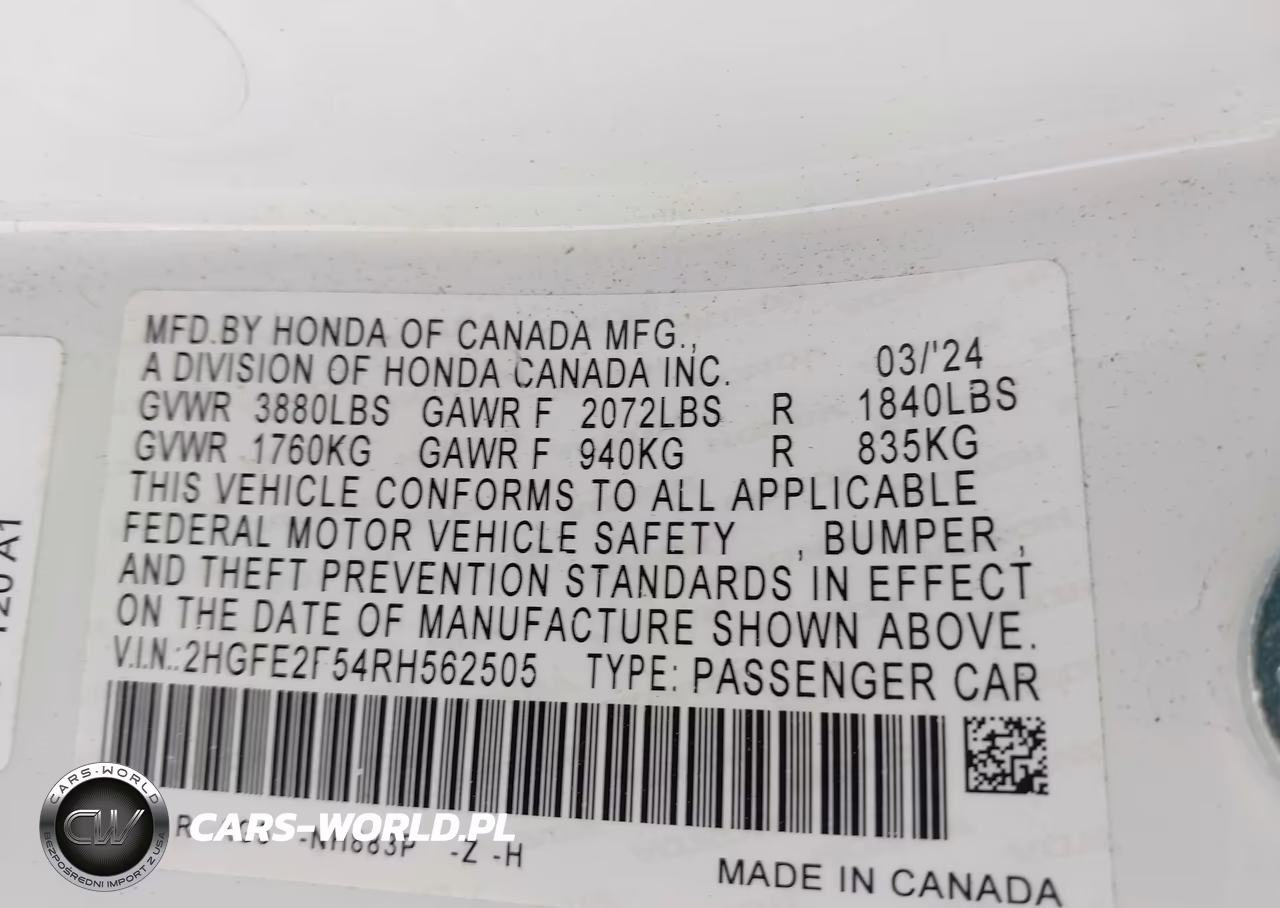 2024 Honda Civic Sport VIN:2HGFE2F54RH562505 - 9