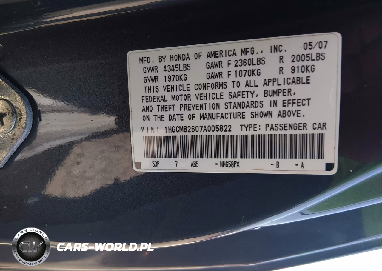 2007 Honda Accord 3.0 Ex VIN:1HGCM82607A005822 - 9