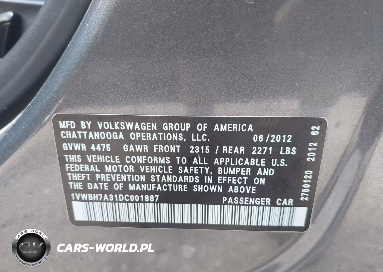 2013 Volkswagen Passat 2.5L Se VIN:1VWBH7A31DC001887 - 9