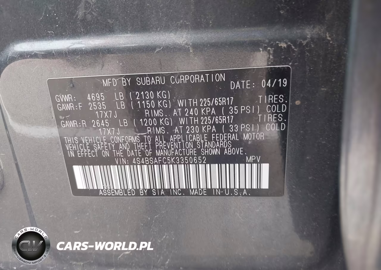 2019 Subaru Outback 2.5I Premium VIN:4S4BSAFC5K3350652 - 9