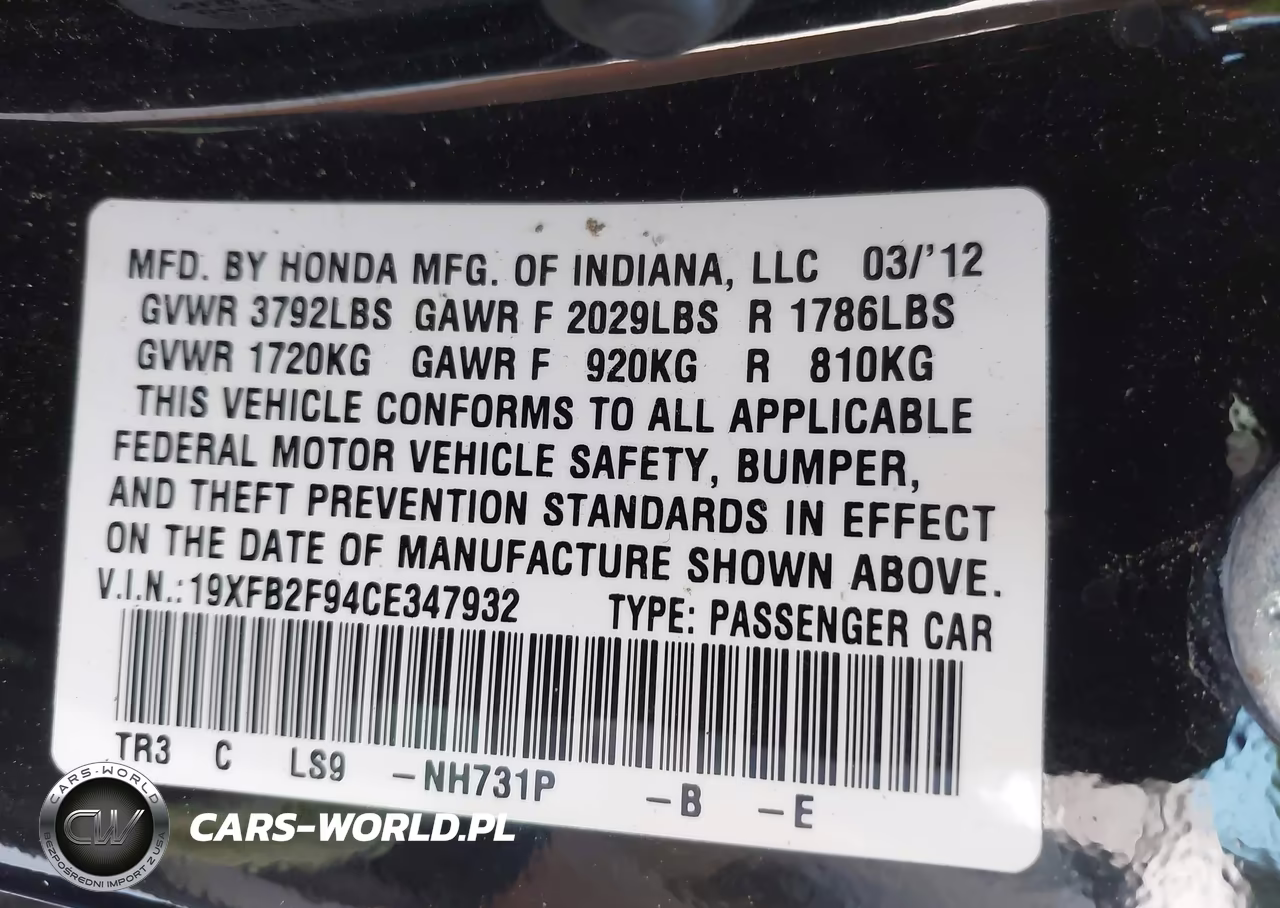 2012 Honda Civic Ex-L VIN:19XFB2F94CE347932 - 9