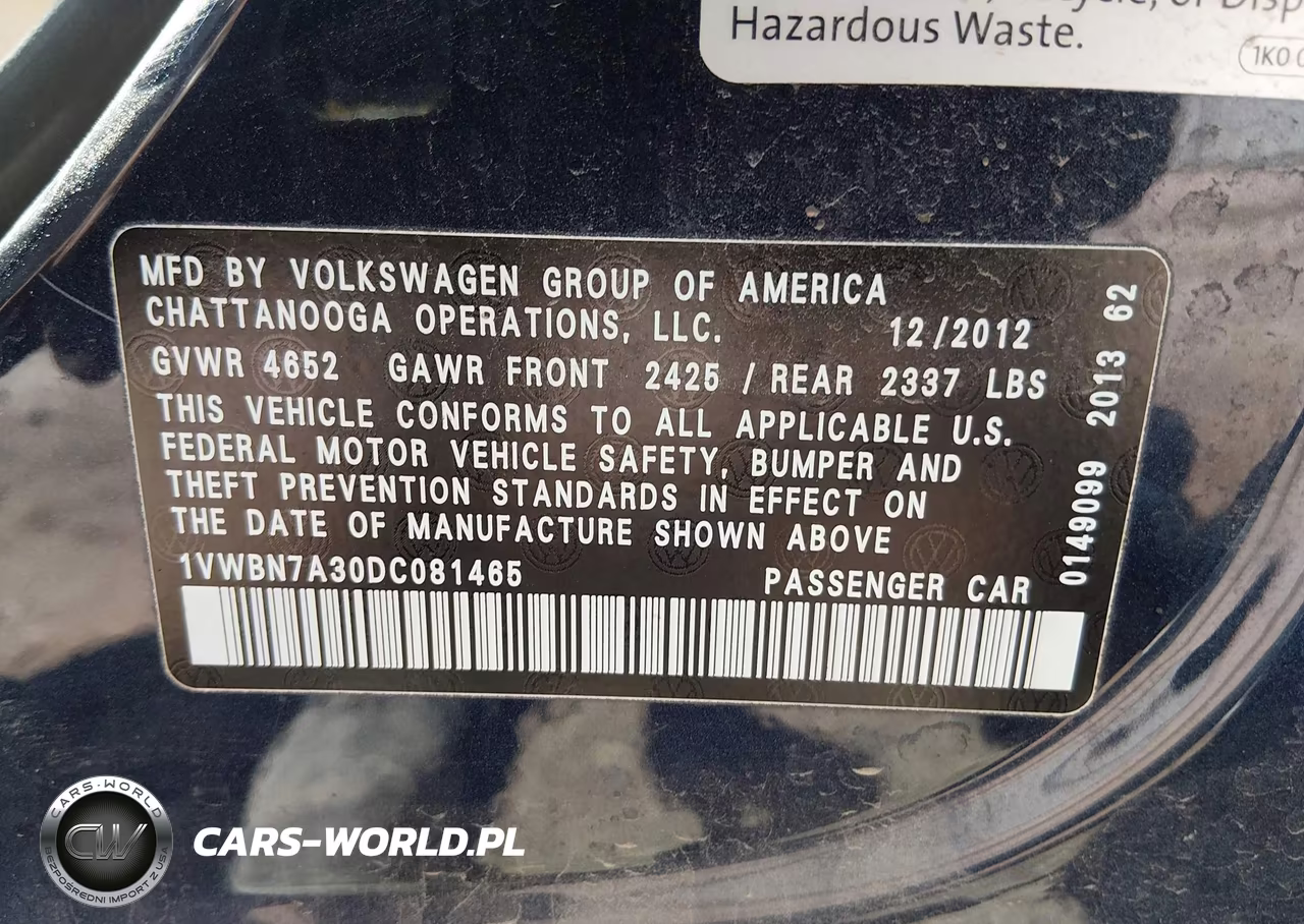 2013 Volkswagen Passat 2.0L Tdi Se VIN:1VWBN7A30DC081465 - 9