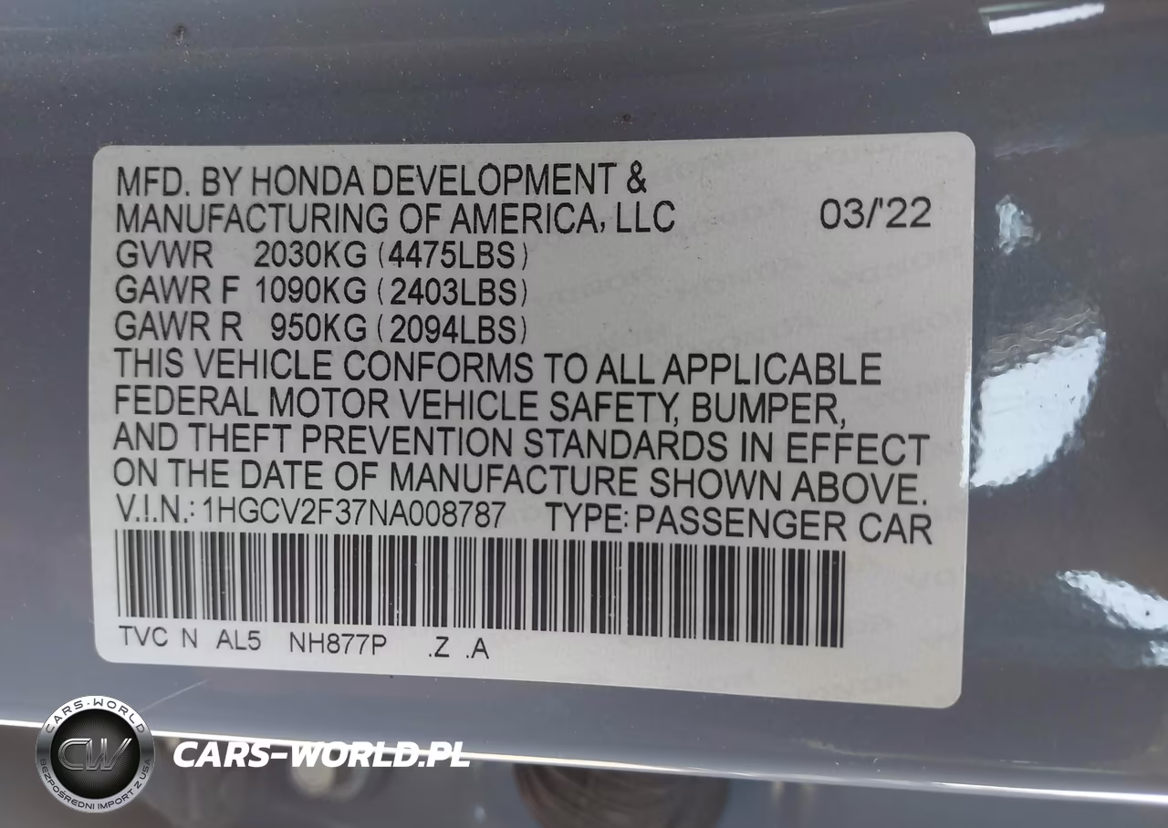 2022 Honda Accord Sport 2.0T VIN:1HGCV2F37NA008787 - 9